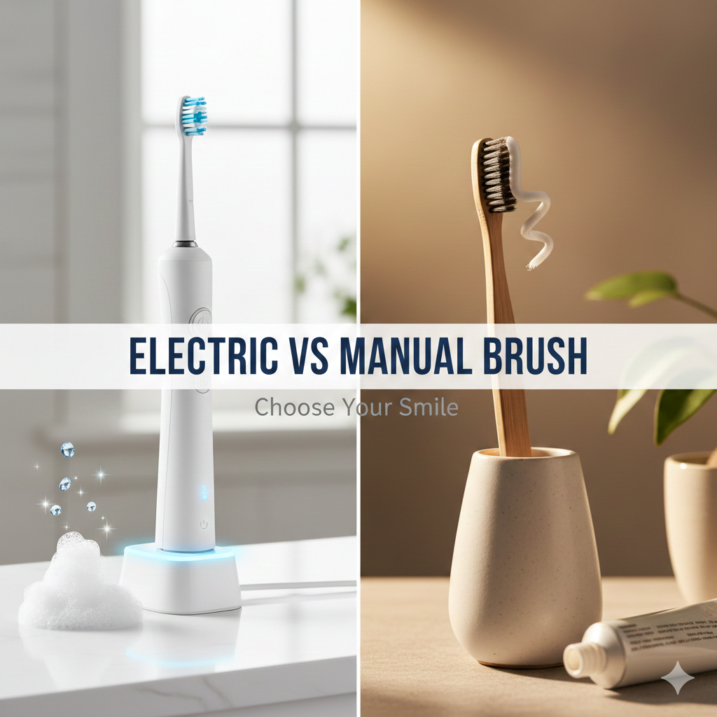 Shows an electric vs manual toothbrush